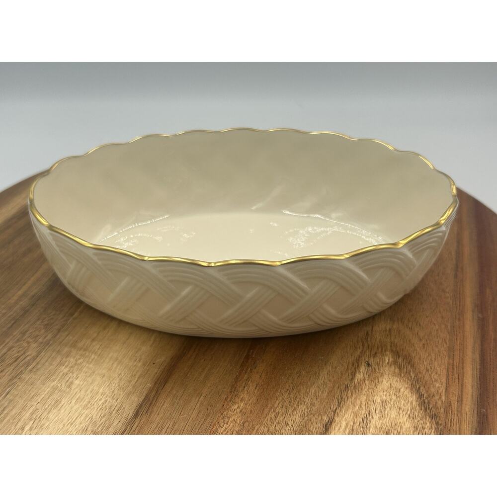 Lenox Serving Bowl Round White Bone China Basketweave Gold Trim USA Beige